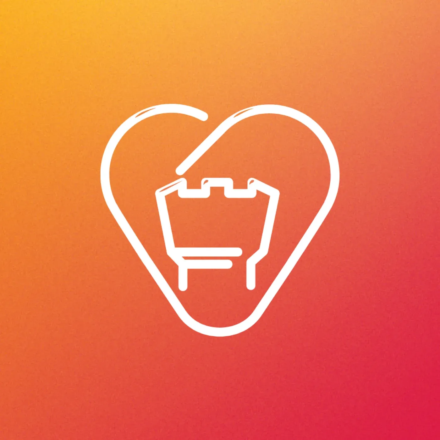The mark in white on the orange to pink gradient with grain