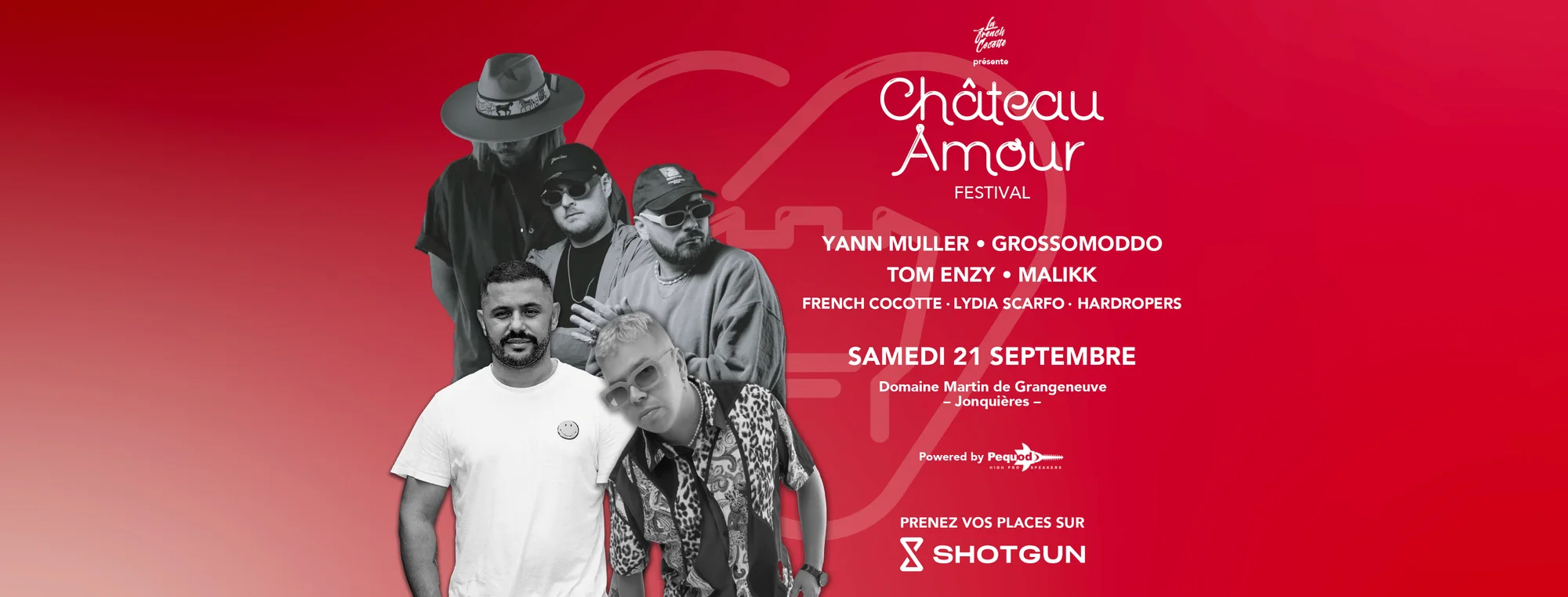 A long banner on the red gradient: the DJs on the left, the wordmark and the line-up in the middle, a large outline of the mark behind