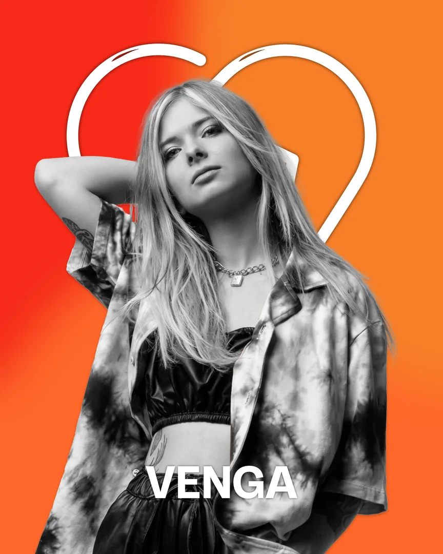 Artist card: Venga in black and white in front of the large white mark, on a red to orange gradient