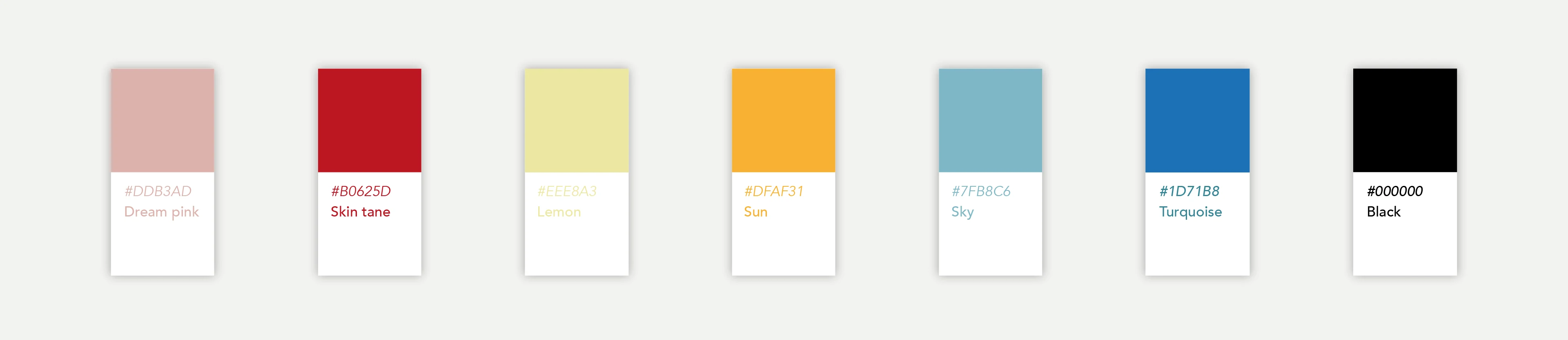 Colour palette: Dream pink, Skin tane, Lemon, Sun, Sky, Turquoise and Black.