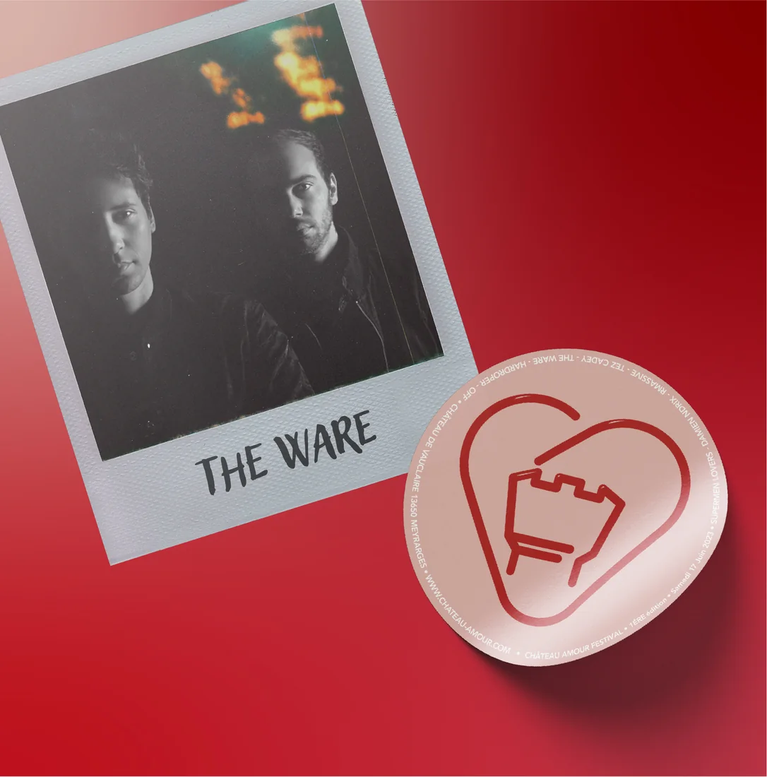 Social post: a black and white polaroid of the duo The Ware, tilted on a red gradient, with the round sticker laid over its corner