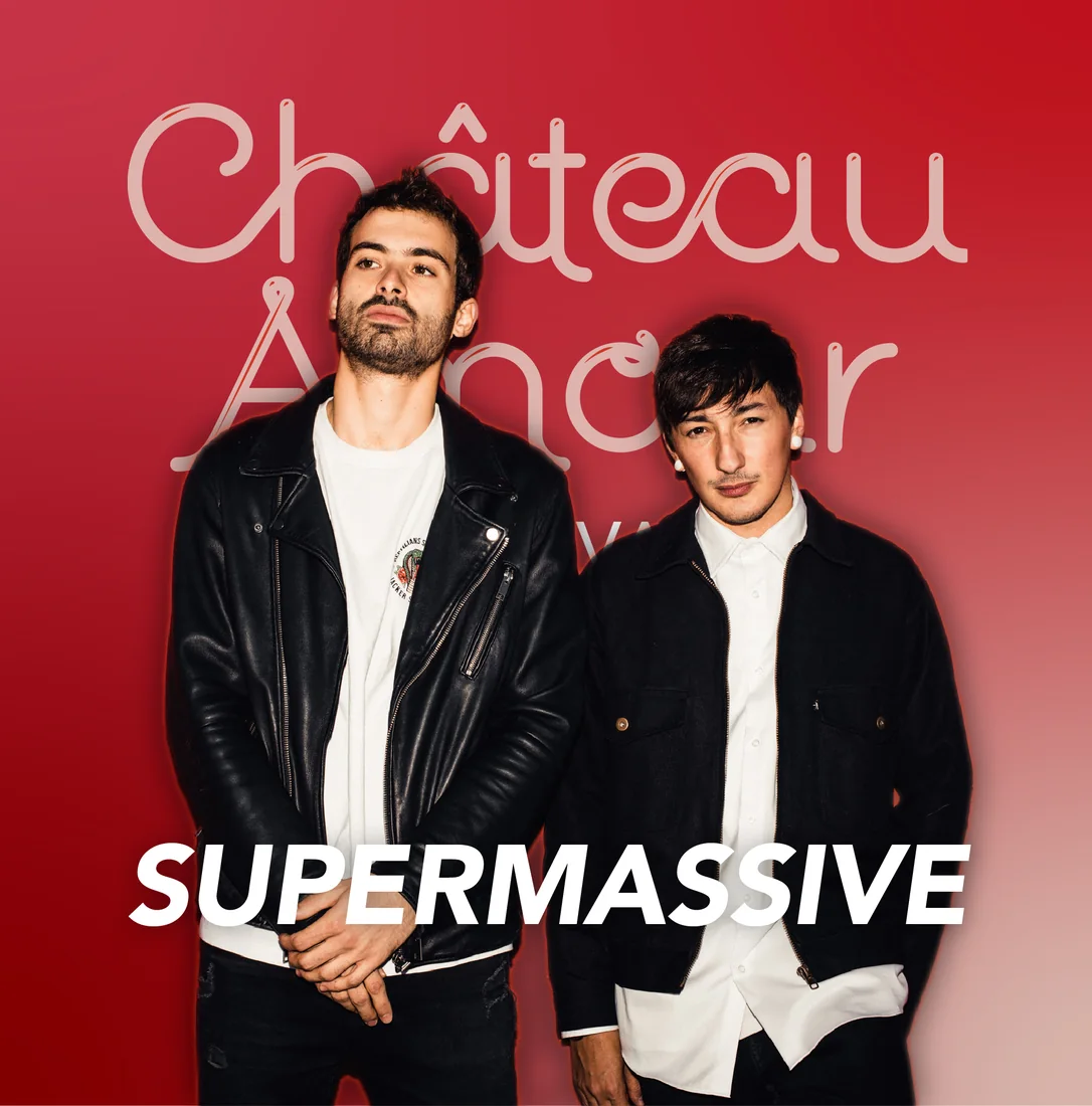 Social post: the duo Supermassive in front of the wordmark on a red gradient, their name in white italic capitals