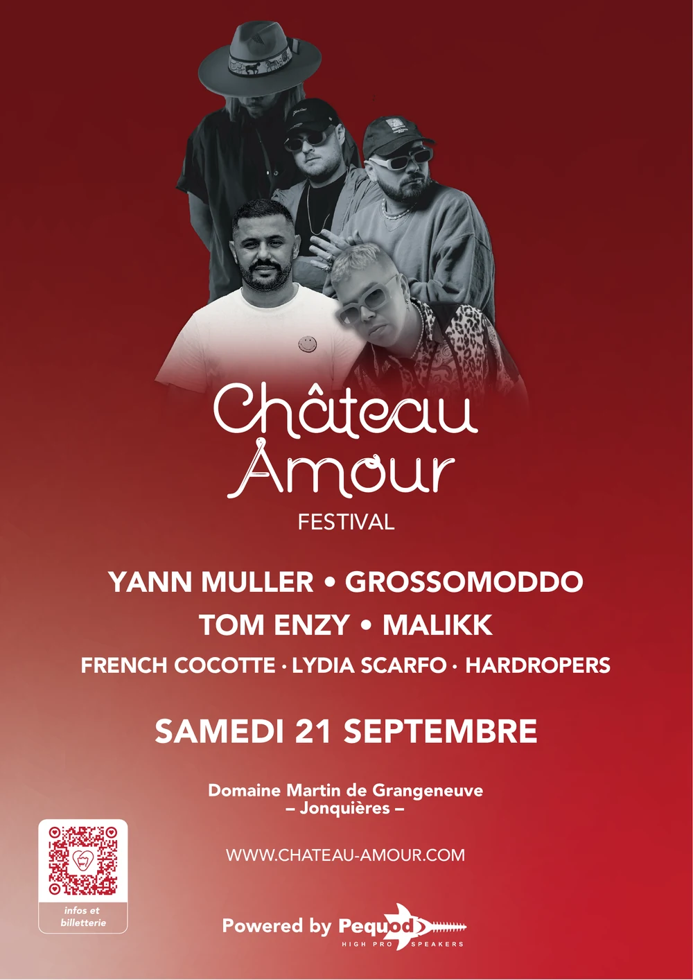 Poster of the 2024 edition: five DJs in black and white on a deep red ground, above the wordmark, the line-up and the date