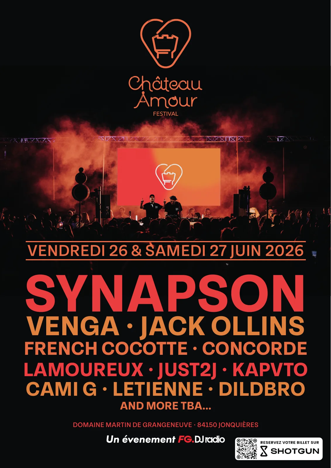 Poster of the 2026 edition: the stage at night in orange smoke with the mark on the screen, above the line-up in large coral and sand type