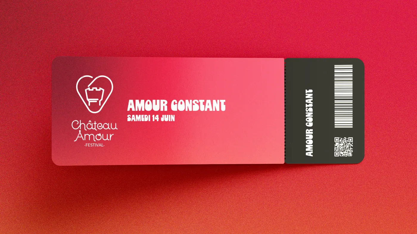Ticket Amour Constant, Saturday 14 June: pink to red gradient, black stub with a barcode