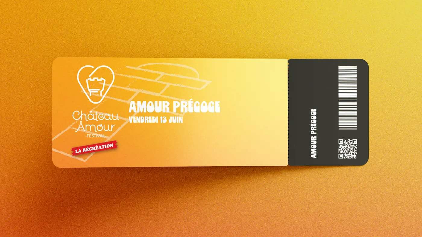 Ticket Amour Précoce, Friday 13 June: yellow gradient, hopscotch drawn in a white line, black stub with a barcode