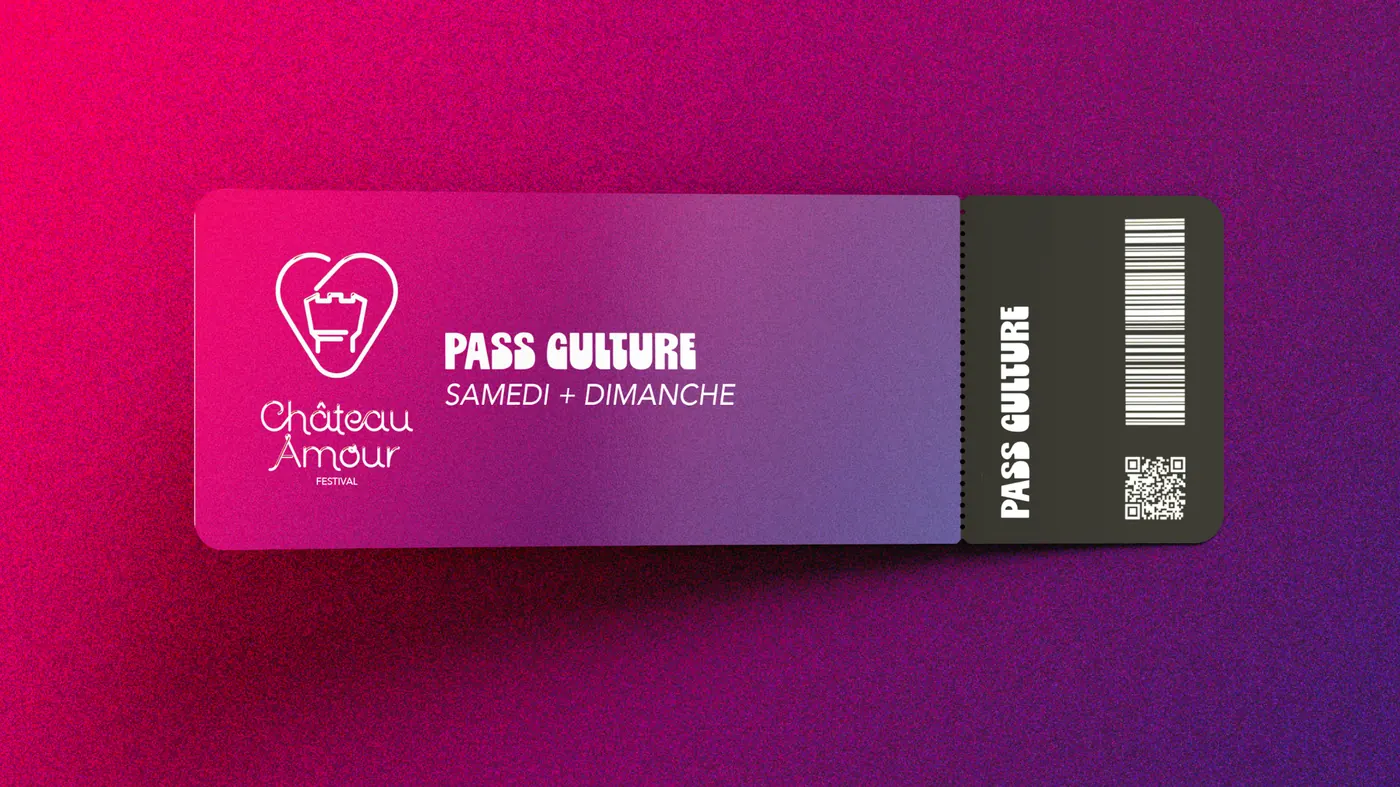 Ticket Pass Culture: pink to violet gradient, the mark and the name in white, black stub with a barcode