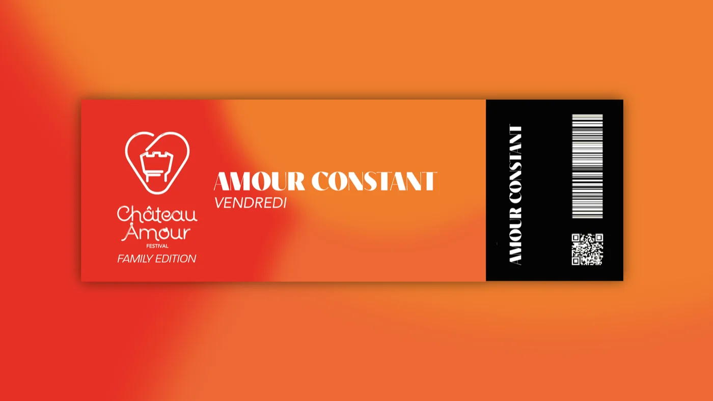 Ticket Amour Constant, 2026: red to orange gradient, the mark in white, black stub with a barcode