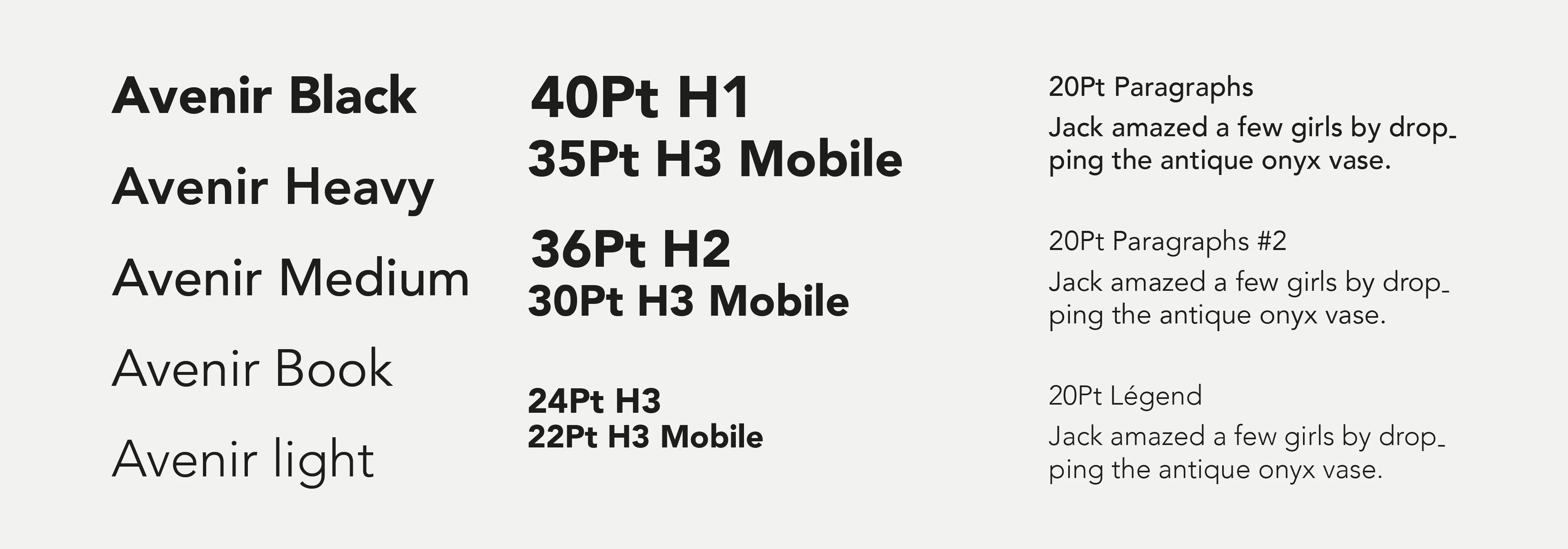 Typography: Avenir in five weights, Black, Heavy, Medium, Book and Light, with the sizes for headings, paragraphs and captions.