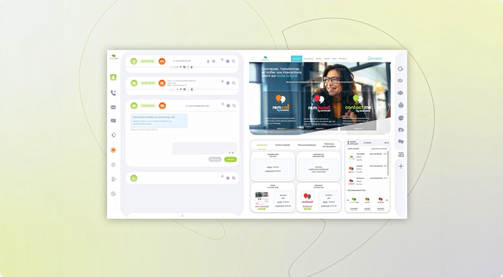 ContactMe console during a call: the call card, an email and a chat on the left; on the right the client shop, the caller basket and a half-price offer ready to send