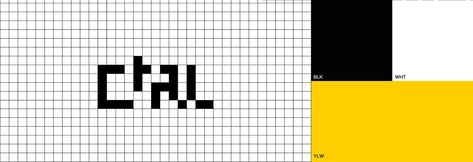 The logo on its construction grid, with the palette: black, white and yellow.