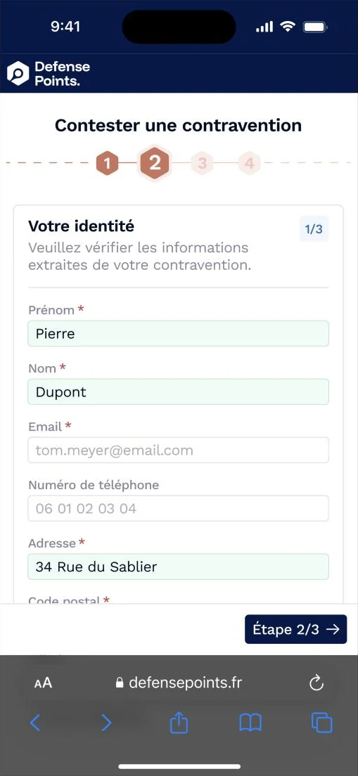 Phone screen: the identity step of the form. First name, last name and address are already filled in, in green.