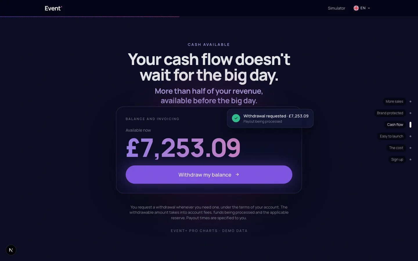 Landing page: your cash flow does not wait for the big day, balance available now