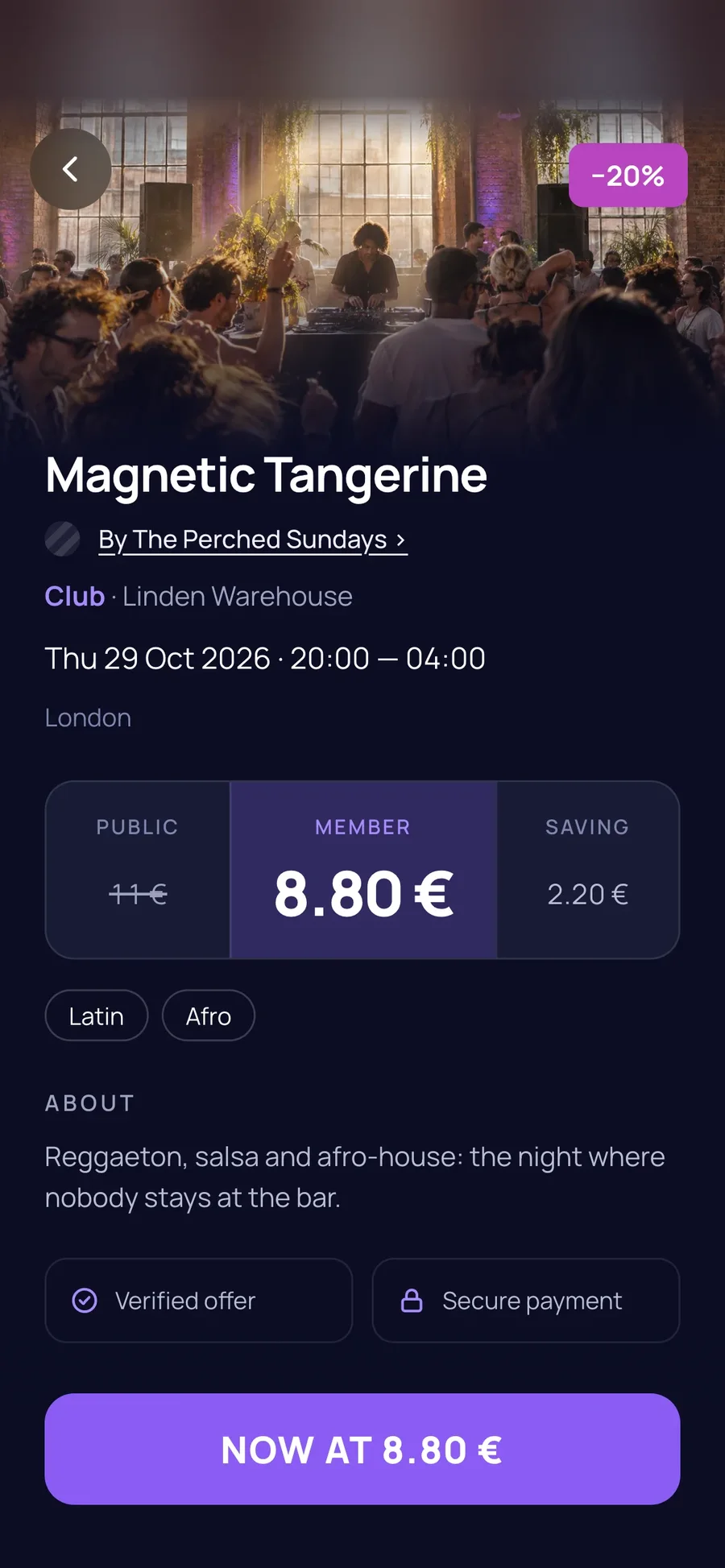 Event page: public price struck out, member price, what you save