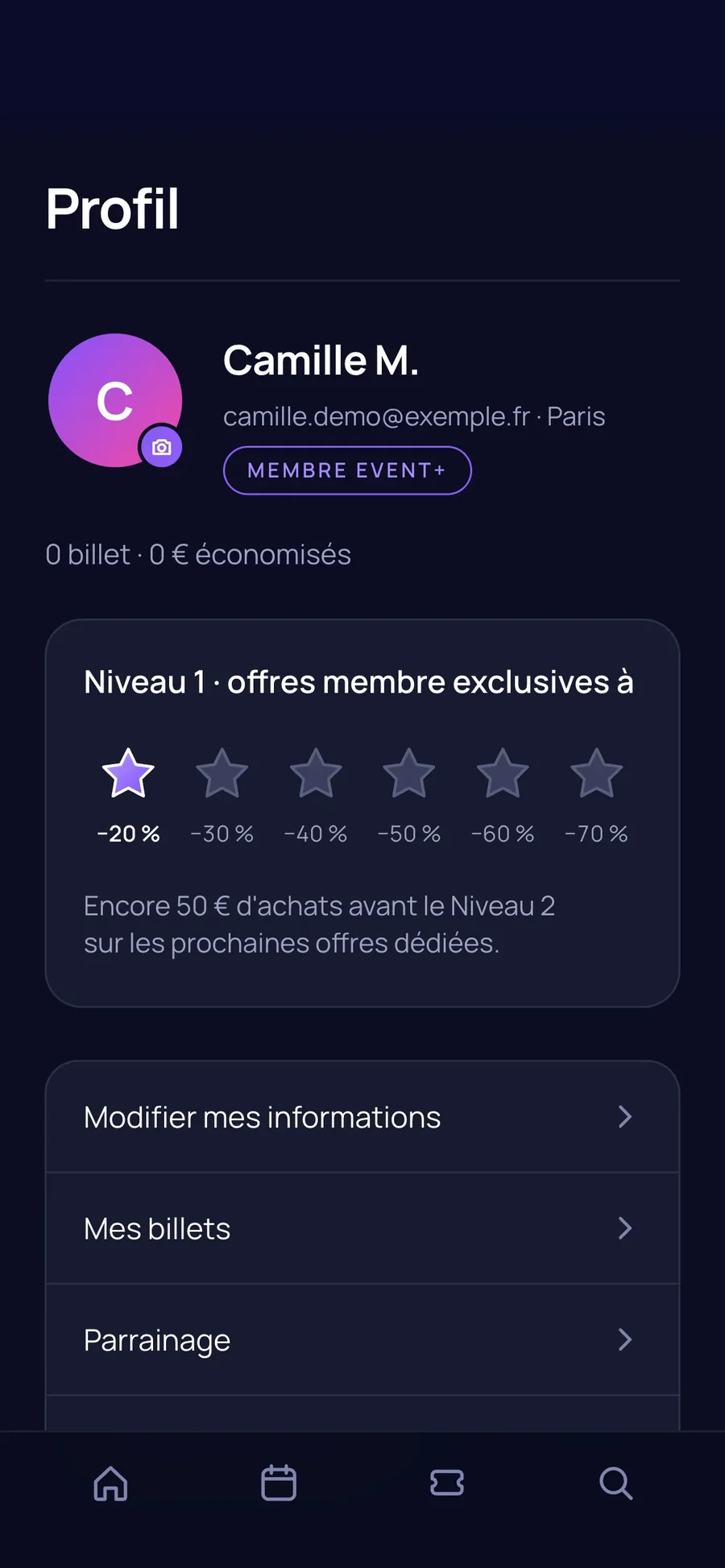 Profile: your level, your discount, your settings