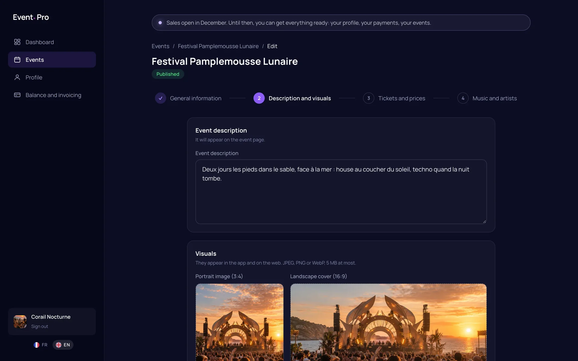 Event+ Pro, step 2: description and visuals