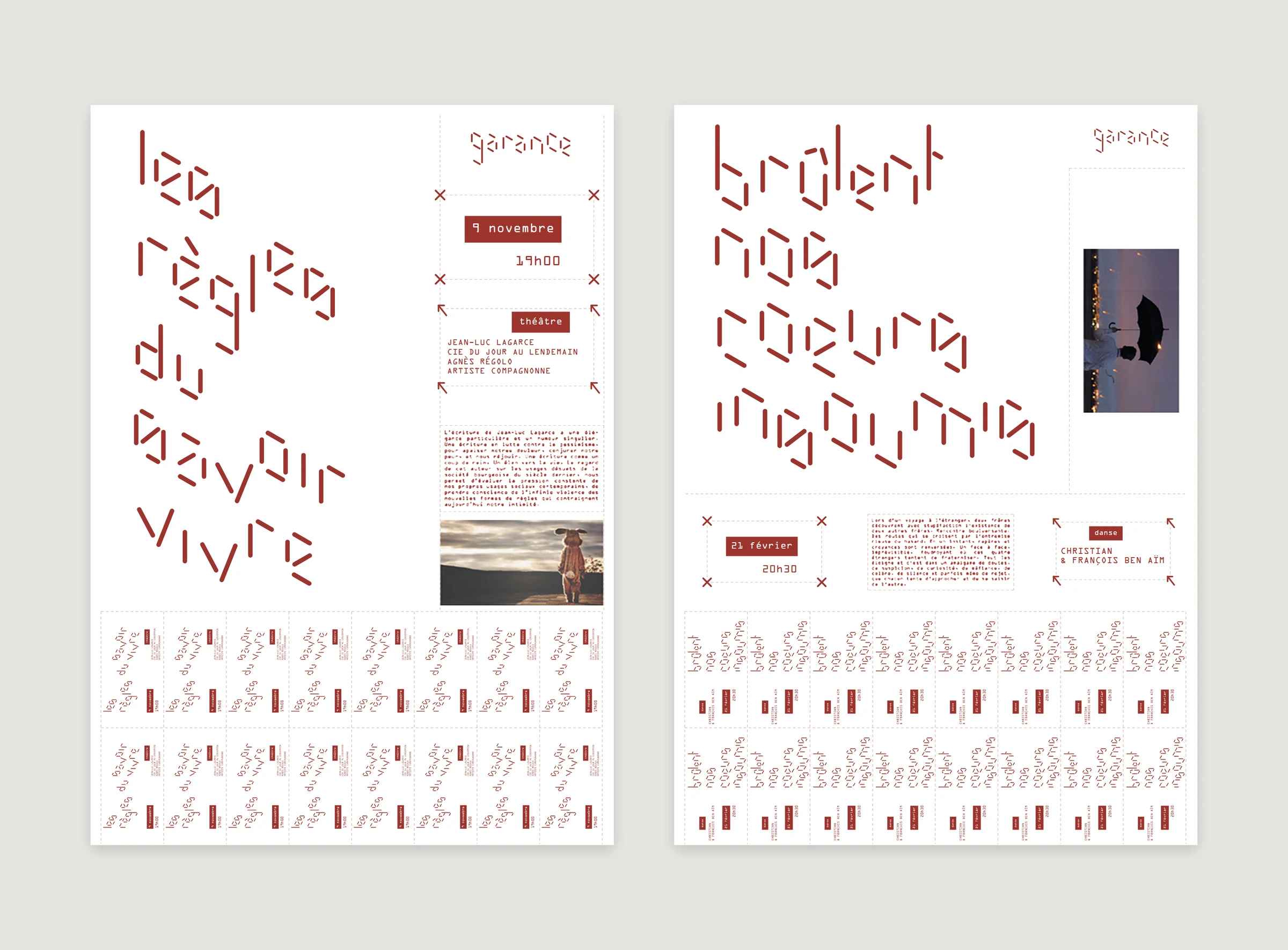 Two posters side by side, each with a large title in red strokes, a date block, a photograph and two rows of tickets at the foot.