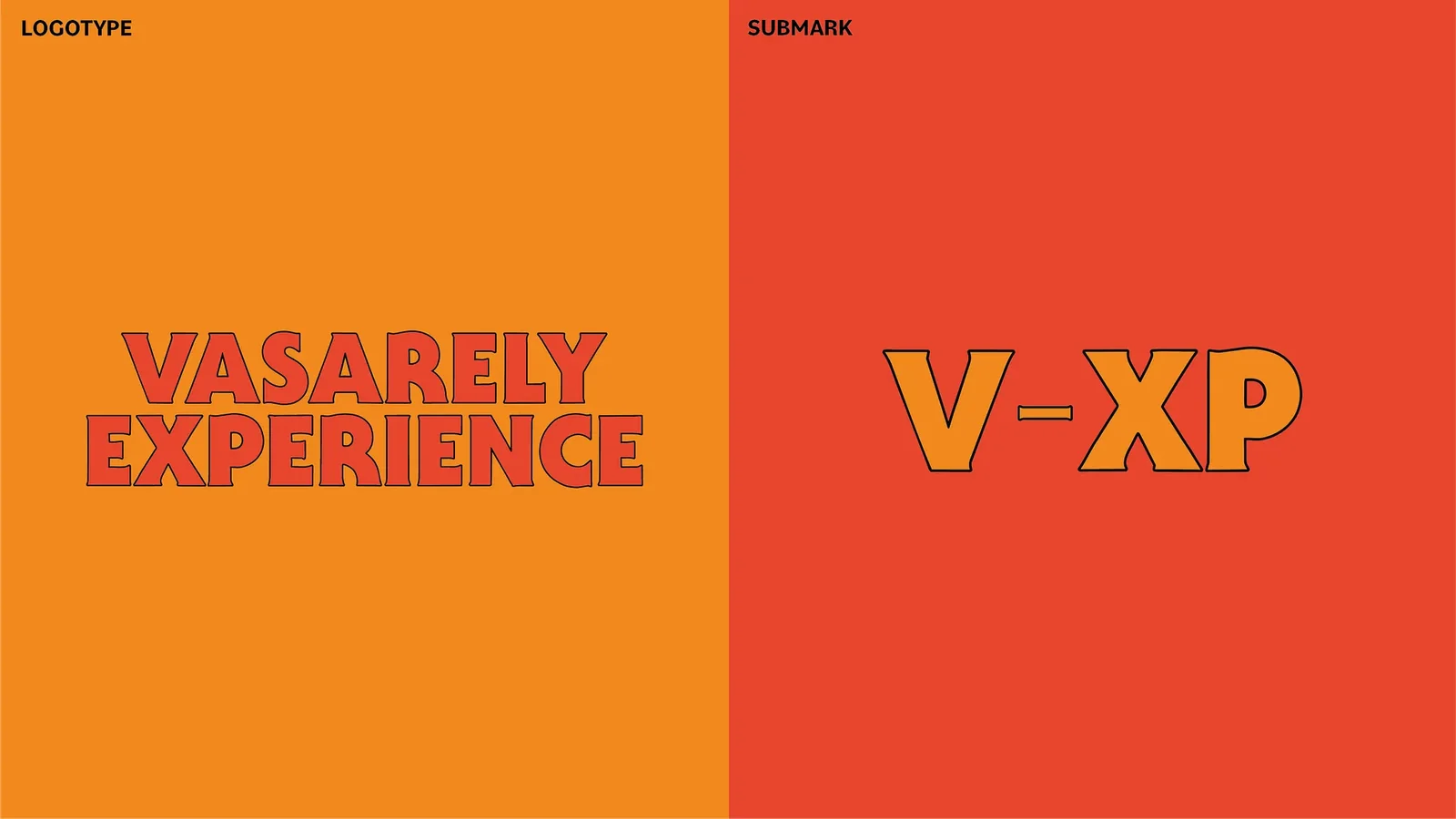 Vasarely Experience logotype in red on orange, and the short mark V-XP in orange on red.