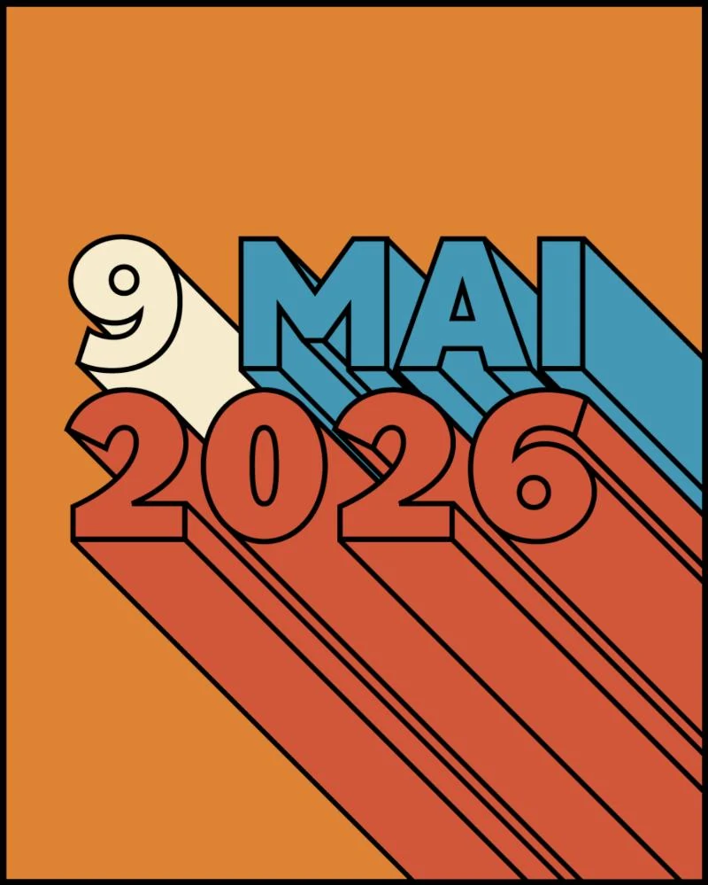 Post: 9 mai 2026 in extruded letters on orange.