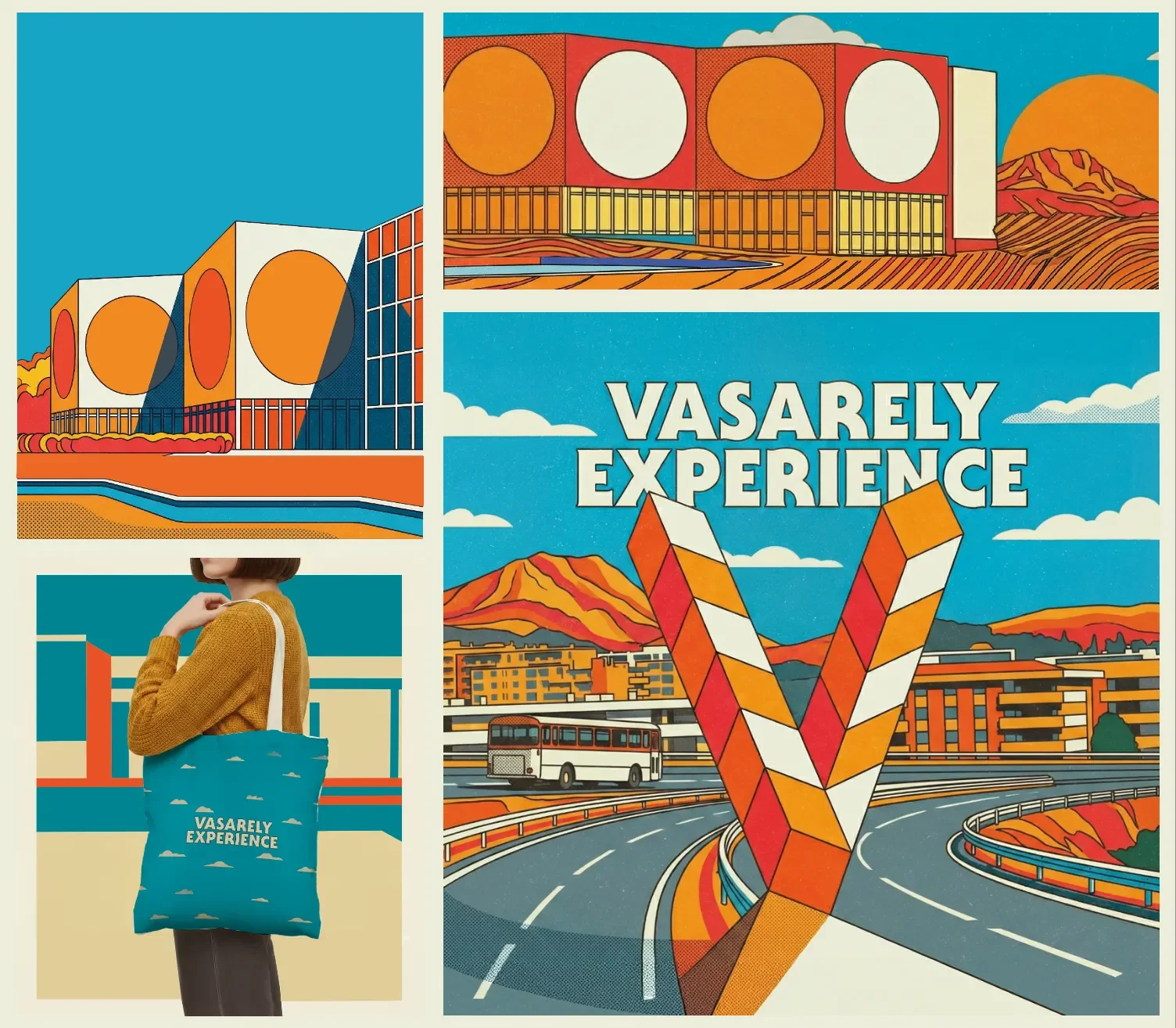 Four illustrations: the Foundation seen from two angles, a figure carrying the festival tote bag, and the poster with a giant V over a road.