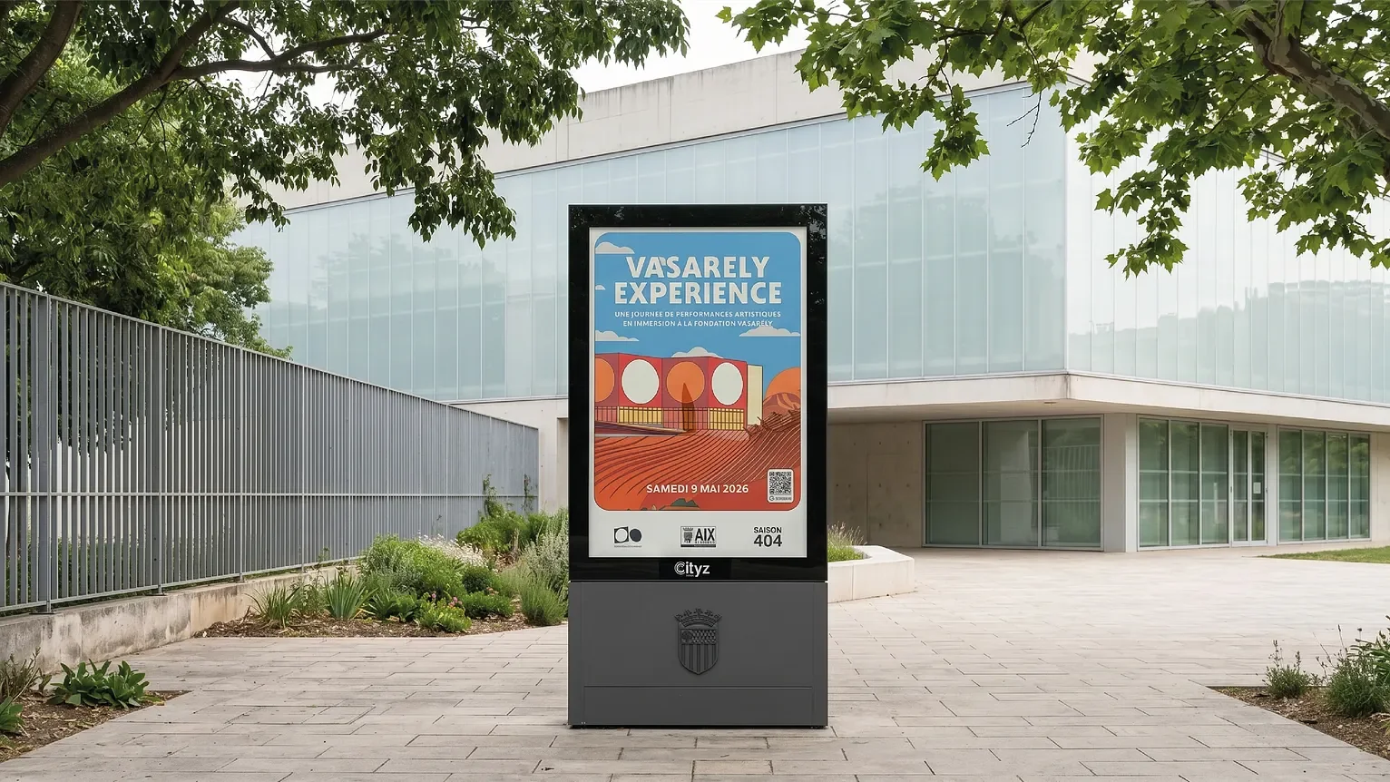 The festival poster in a street display, in front of a building.