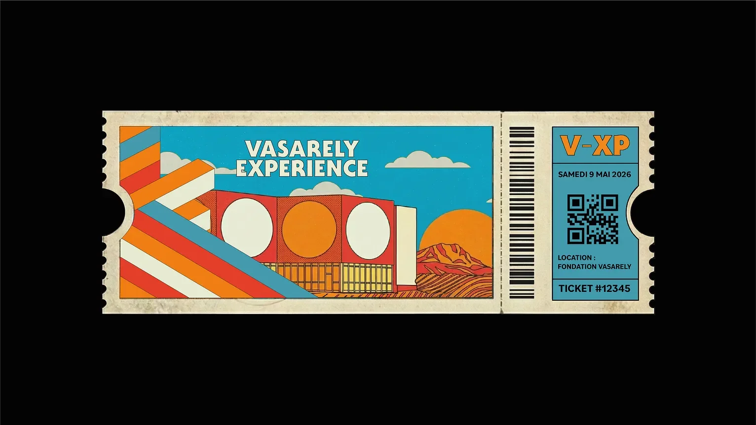 The festival ticket: illustration of the Foundation, the V-XP mark, Saturday 9 May 2026.